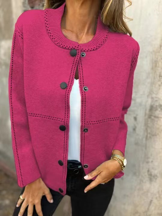 Striped Loose Round Neck Button Long Sweater