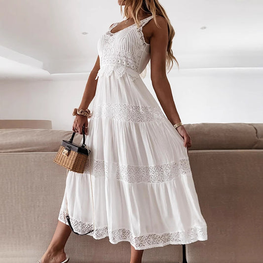 Lace High Waist Curved Slit Temperament Commute Dresses