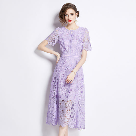 Women's Short-sleeved Lace Dress Mid-length Crocheted Hollowed Purple High Dresses