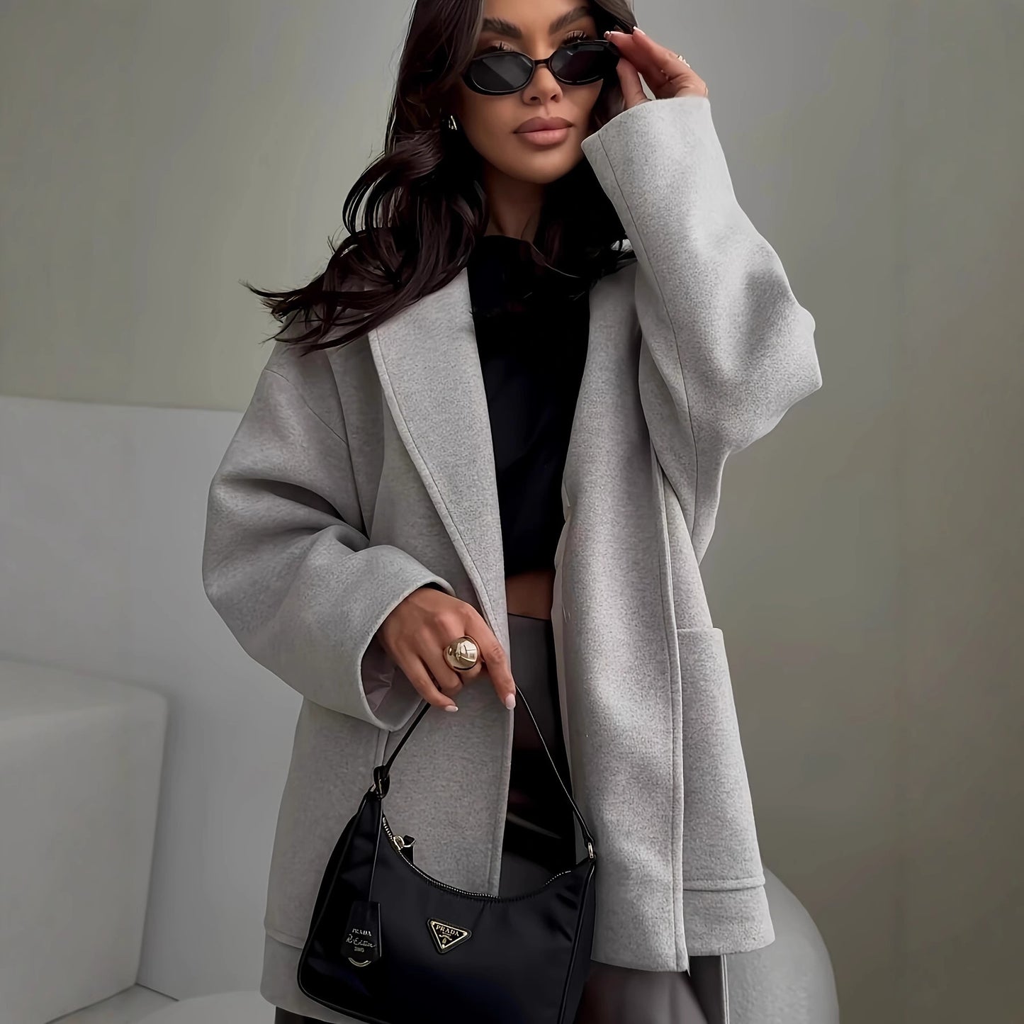 Women's Solid Color Thick Woolen Fashion Belt Coats