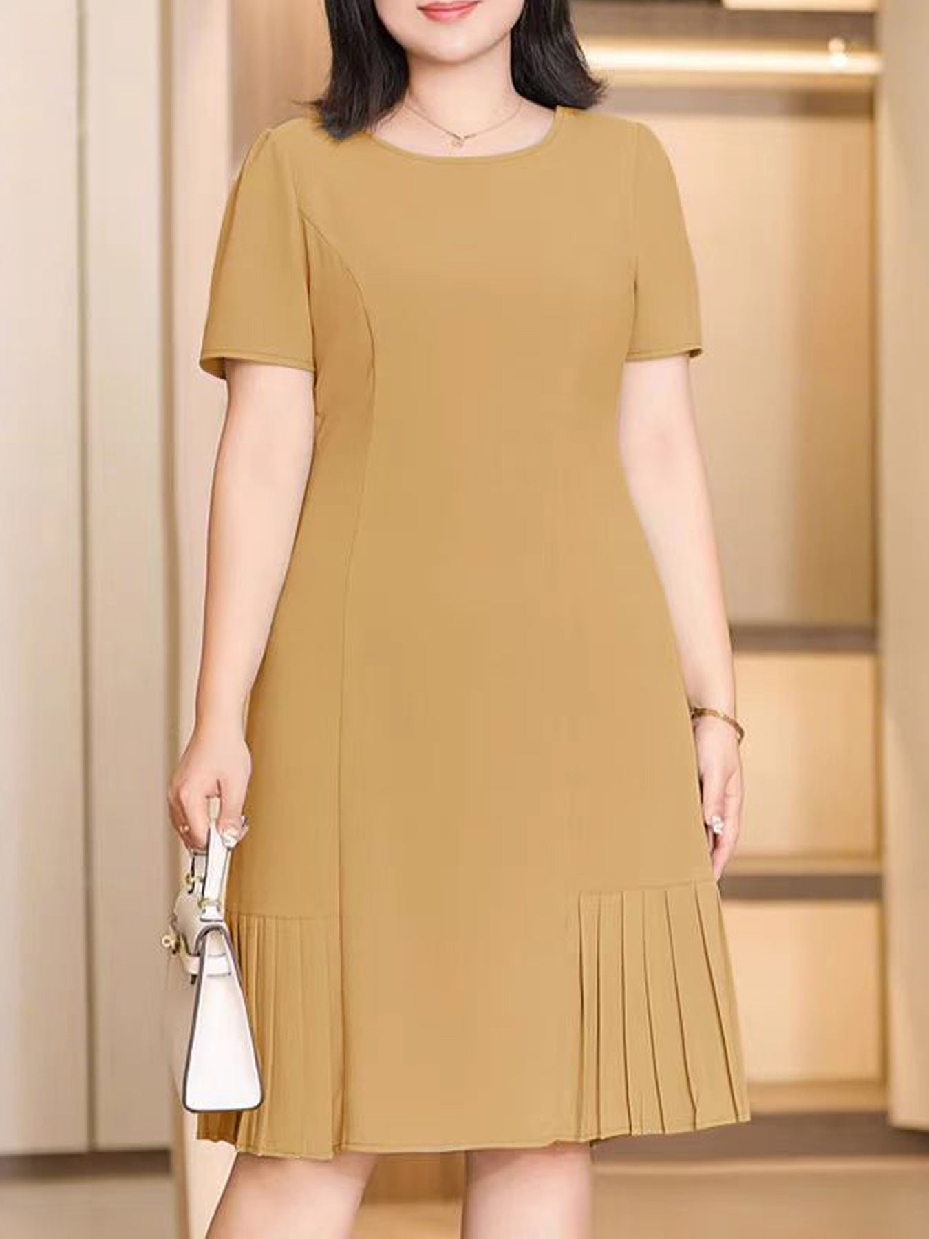 Women's Round Neck Sleeve Casual A- Line Dress