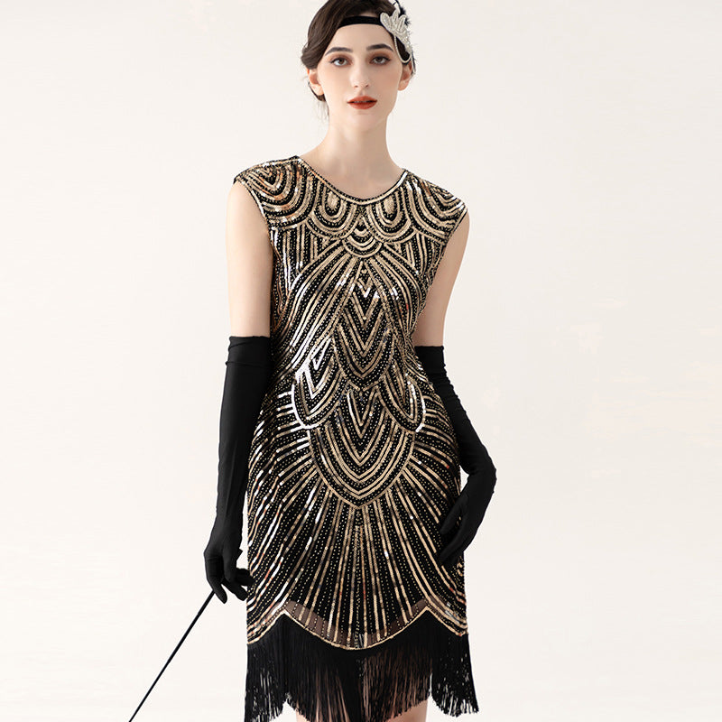 Vintage Sequined Tassel Dress Party Dance Evening Dresses