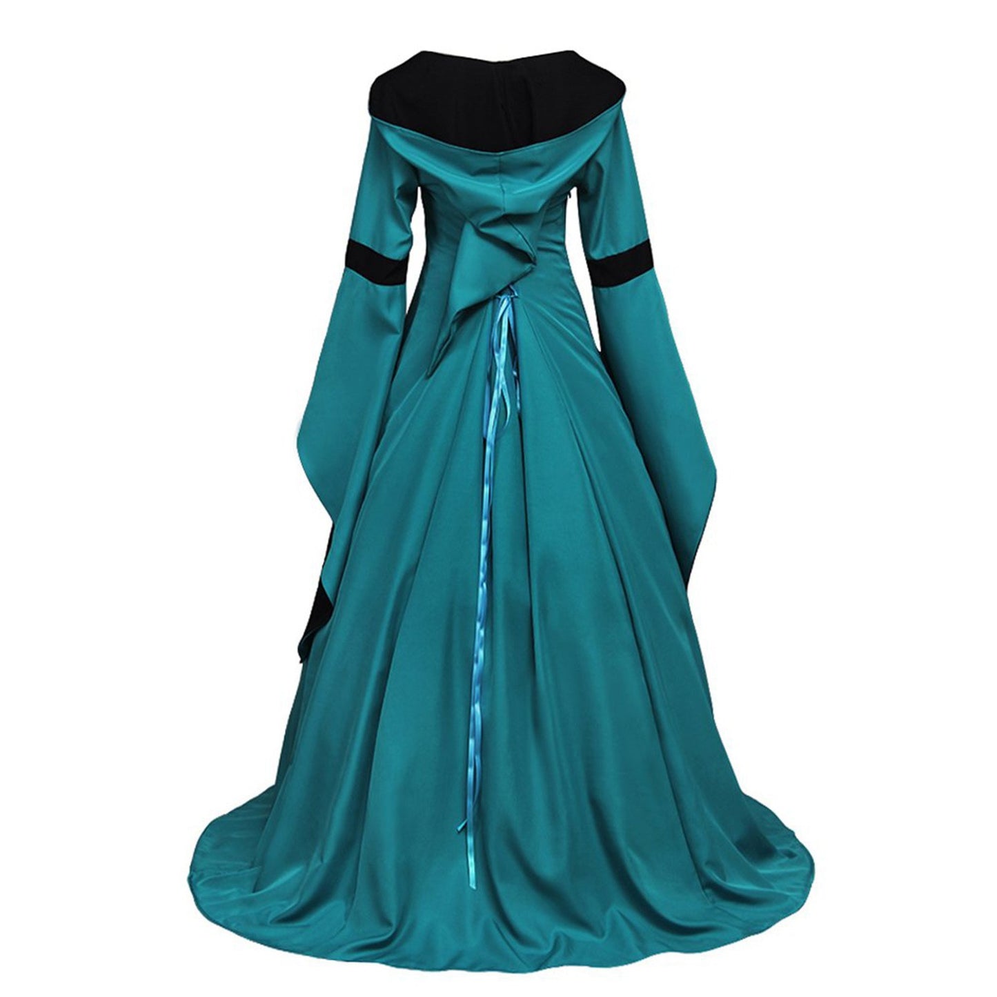 Retro Hooded Square Collar Lace Up Bell Sleeve Large Swing Dress