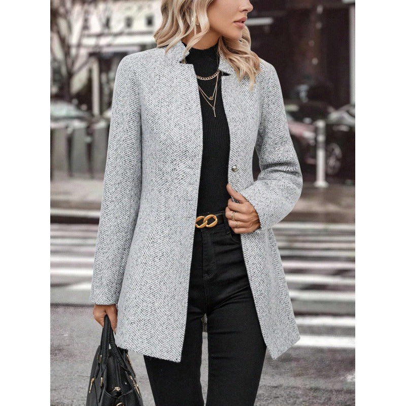 Women's Long Sleeve Solid Color Stand Collar Button Trench Fashion Coats