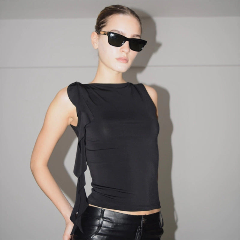 Women's Solid Color Sleeveless Ruffled Tassel T-shirt Vests
