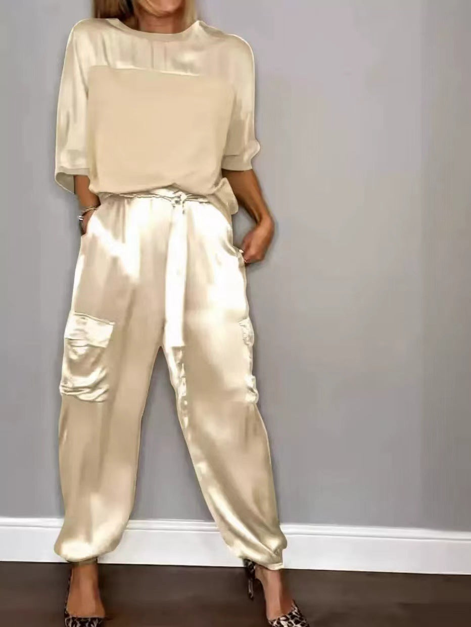 Women's Solid Color Smooth Satin Half Sleeve Shirt Two-piece Fashion Casual Suit