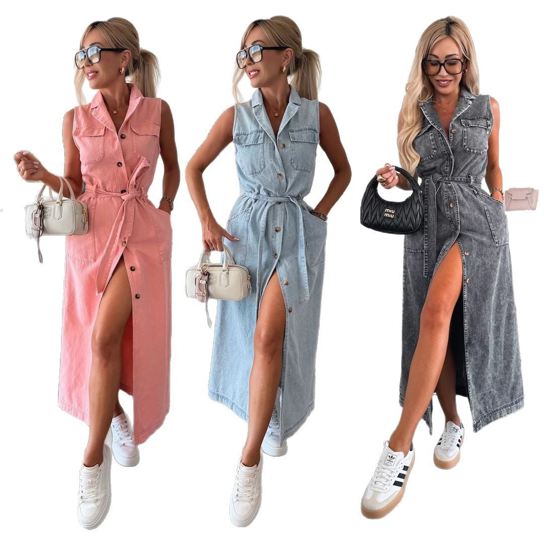 Sleeveless Long Tie Waist Single-breasted Denim Dresses
