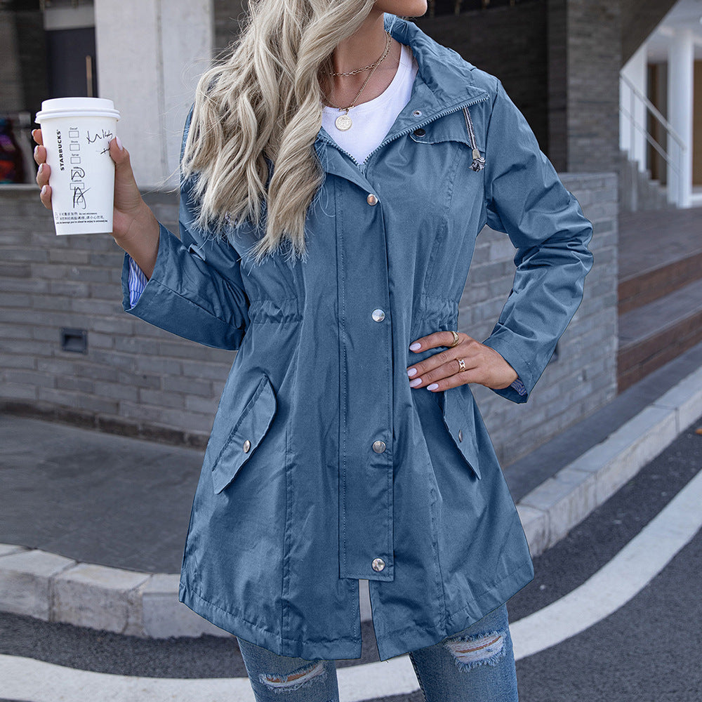 Women's Hooded Zipper Raincoat Winter Mid-length Coats