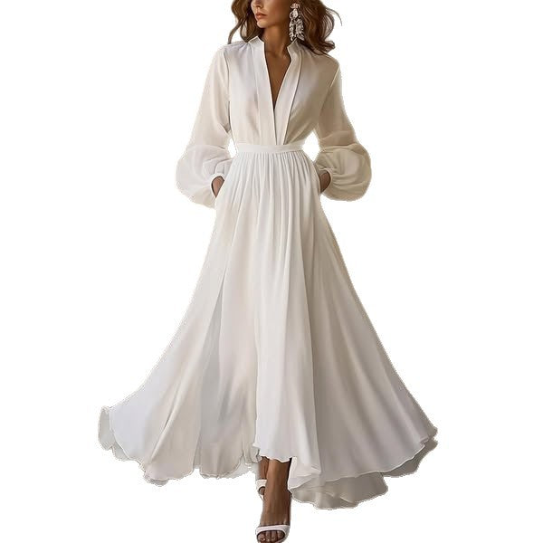 Women's Long Sleeve Solid Color Pleated Belt Dresses
