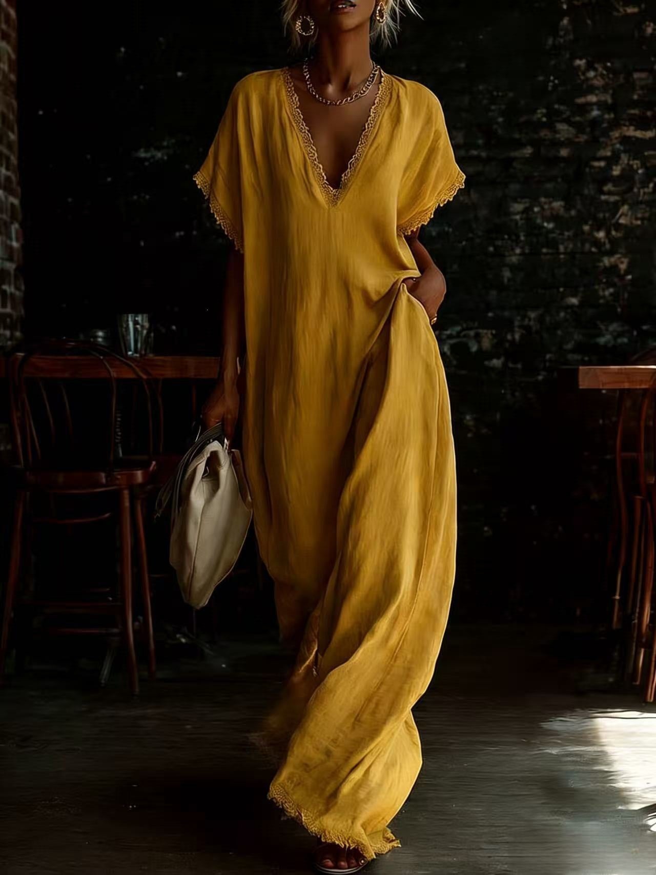 Women's Elegant Comfortable Lace Loose Linen Cotton Dress