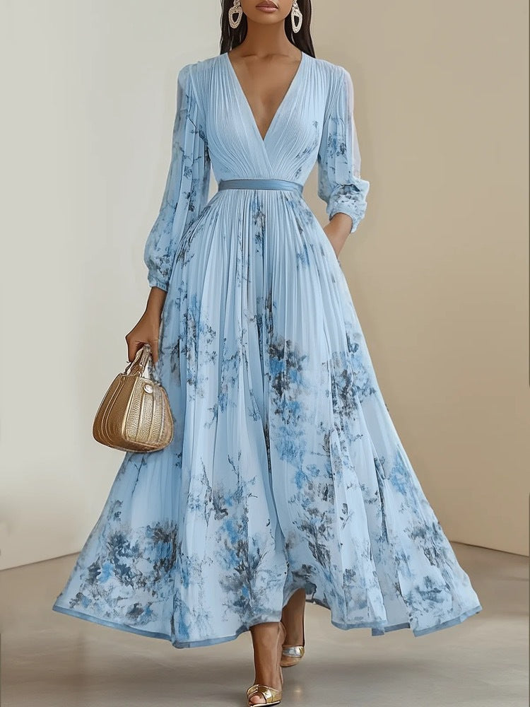 Women's Digital Printed Collar Long Sleeve Pleated Dresses