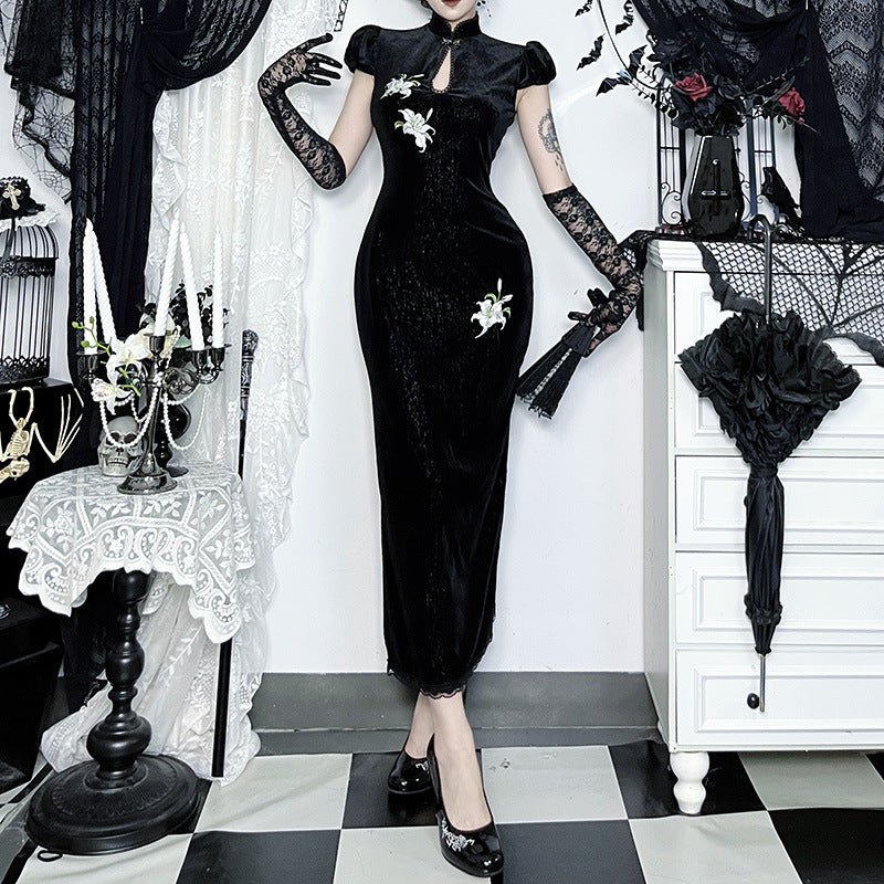 Chinese Style Sier Silk Veet Cheongsam Autumn Dark Sexy Dresses