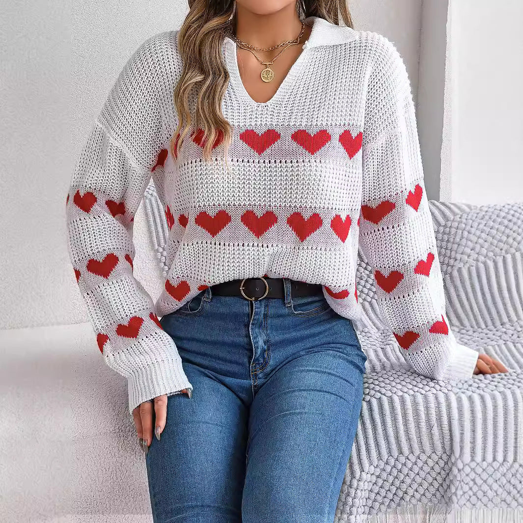 Women's Casual Heart Collar Lantern Sleeve Contrast Color Sweaters