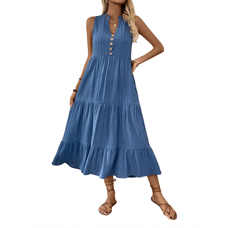 Summer Mid-length Dress Pleated Solid Color Dresses