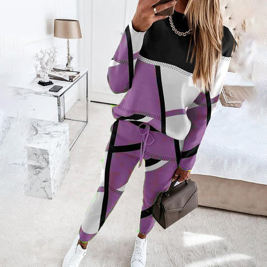 Women's Printing Color Contrast Long Sleeve Crew Suits