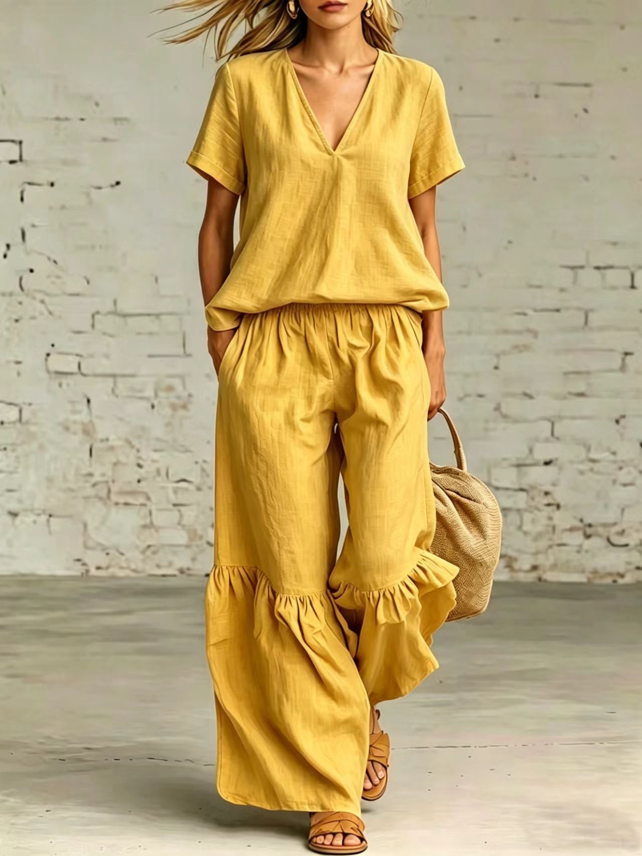 Women's Solid Color Loose Short-sleeved Trousers Two-piece Fashion Casual Suit
