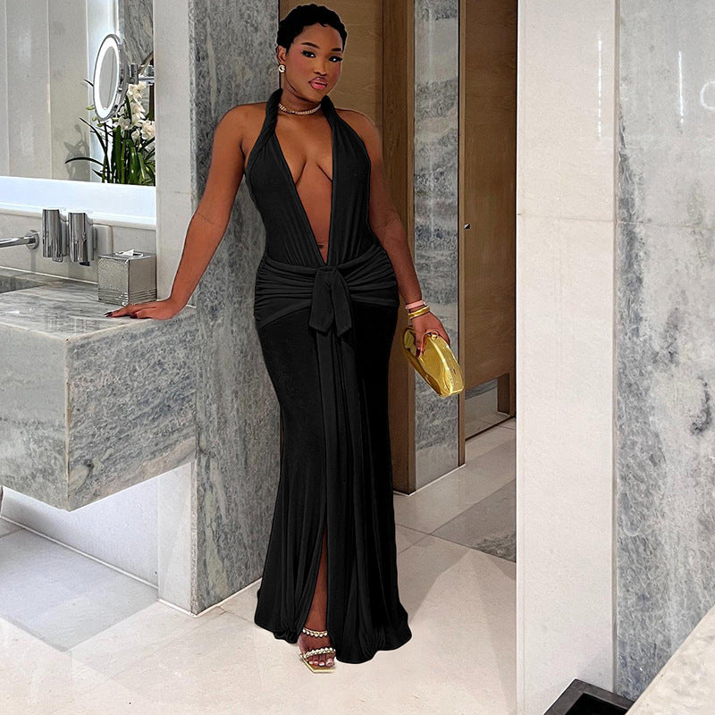 Women's Sexy Backless Halter Deep Pure Color Dresses