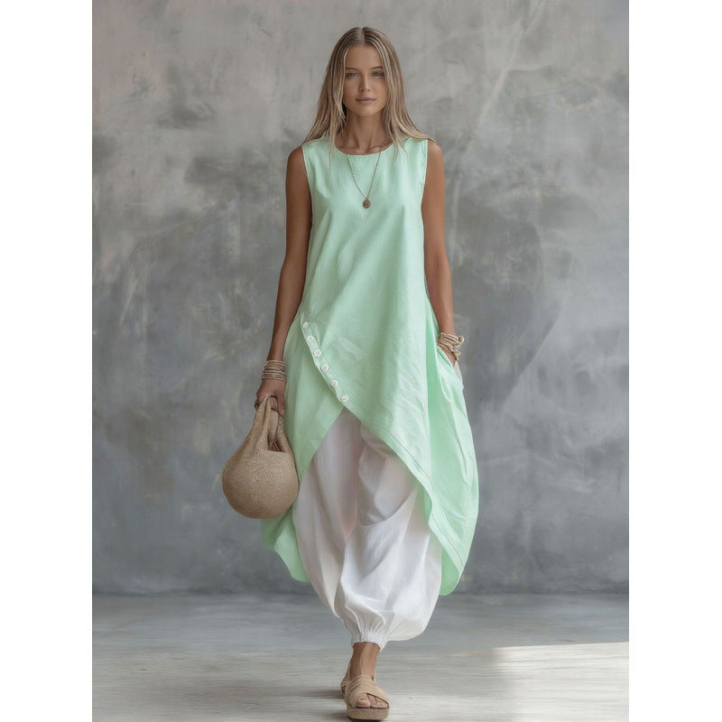 Solid Color Sleeveless Loose Pockets White Suits