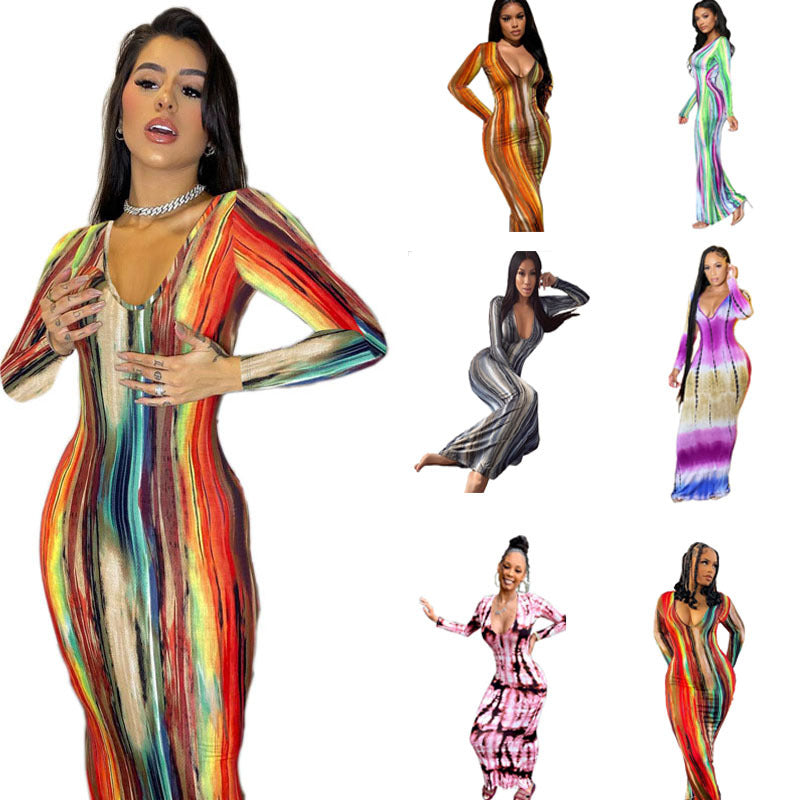 Women's Large-sized Printed Long Sleeve Close-fitting Sexy Dress