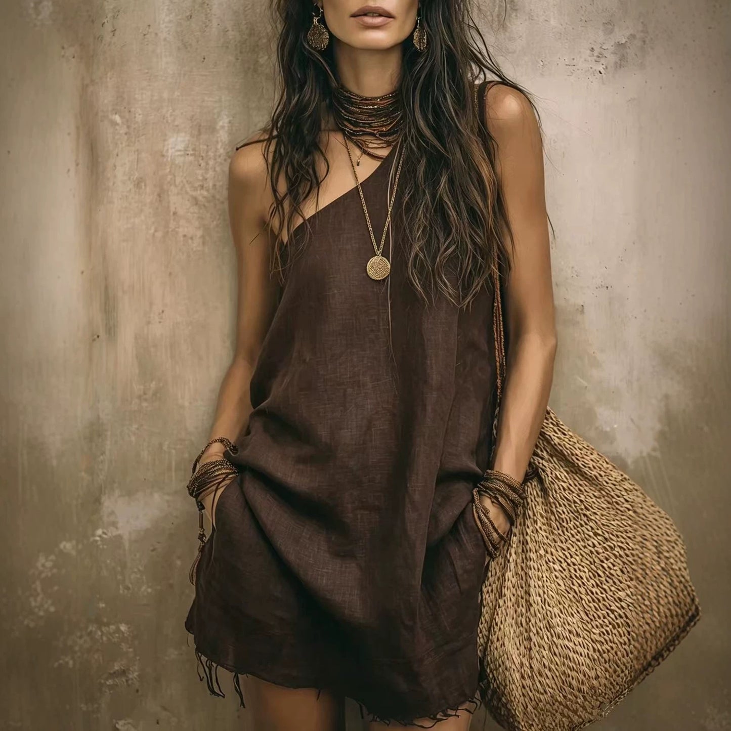 Oblique Shoulder Solid Color Bohemian Style Characteristic Dress