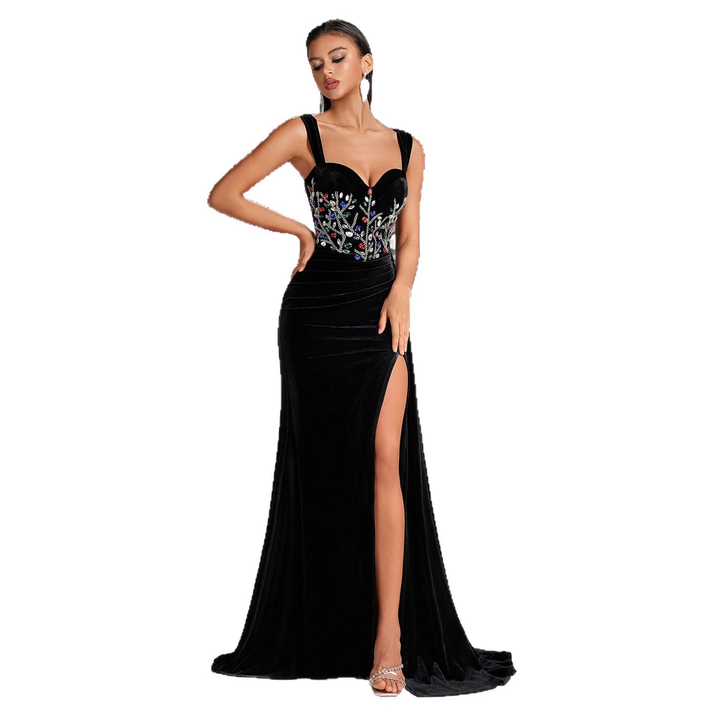 Black Veet Spaghetti Straps Colorful Crystals Beaded Slit Dress