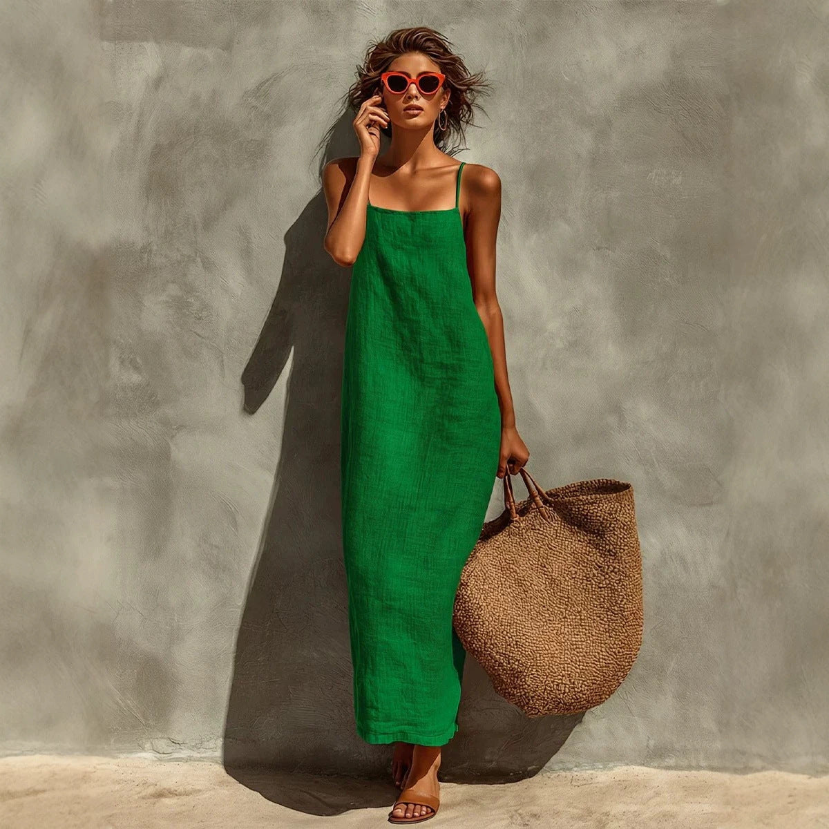 Women's Summer Solid Color Sexy Retro Idle Style Cotton Linen Sleeveless Dress
