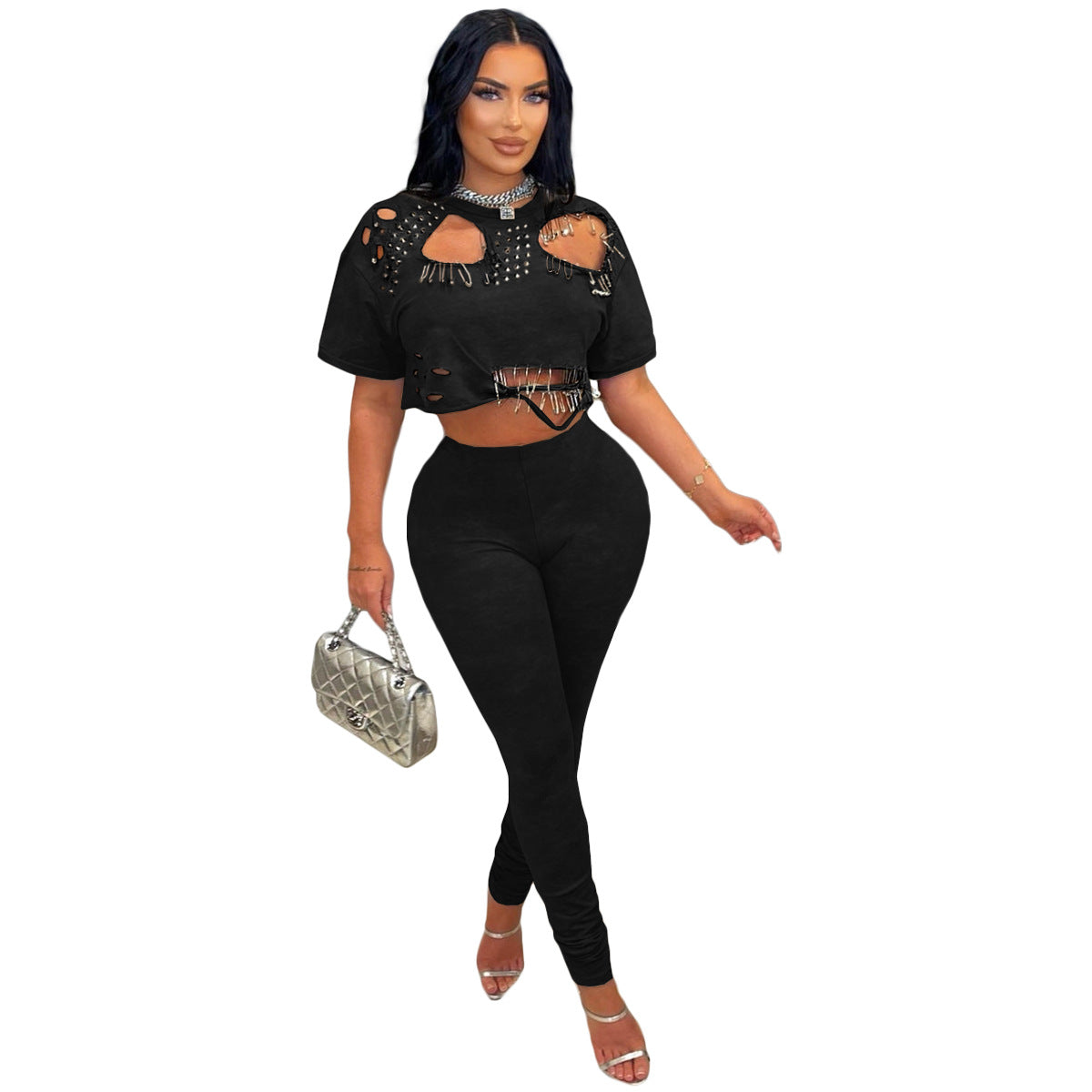 Fashion Round Neck Ripped Pin T-shirt Shorts