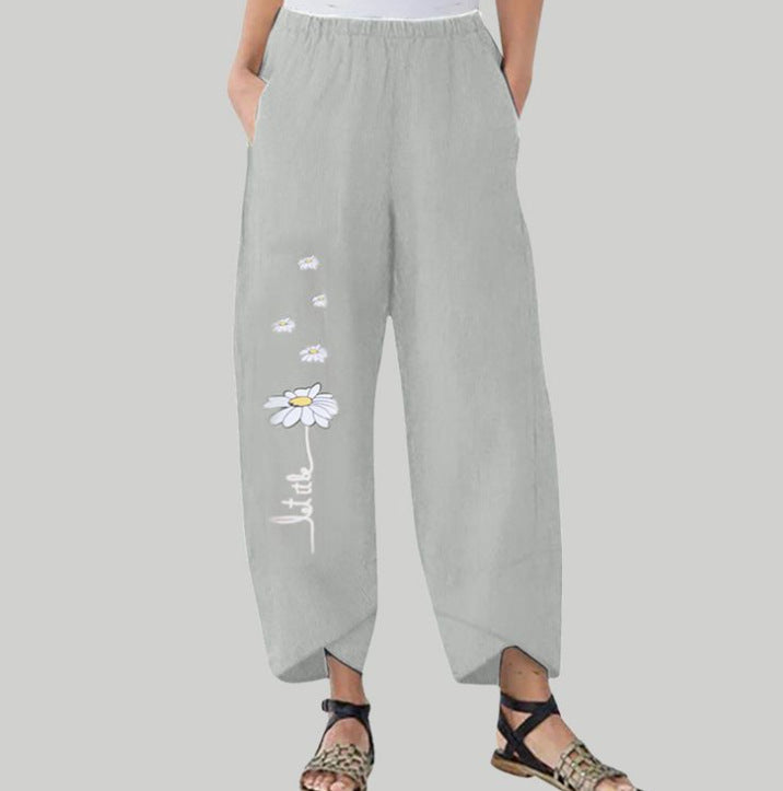 Women's Linen Cartoon Daisy Print Elastic Waist Pants