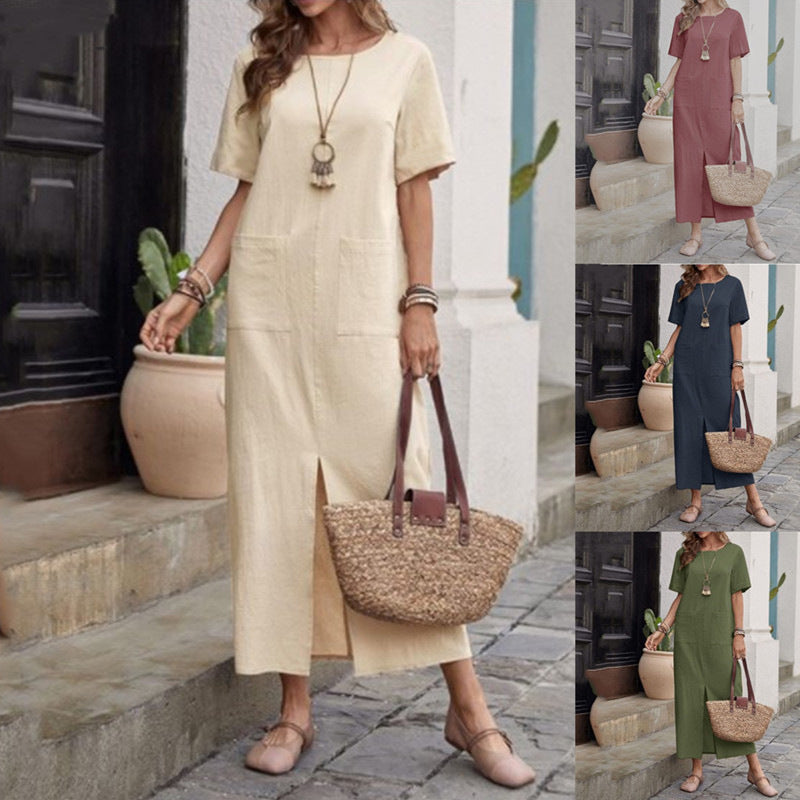 Women's Summer Cotton Linen Solid Color Loose Round Neck Sleeve Dress