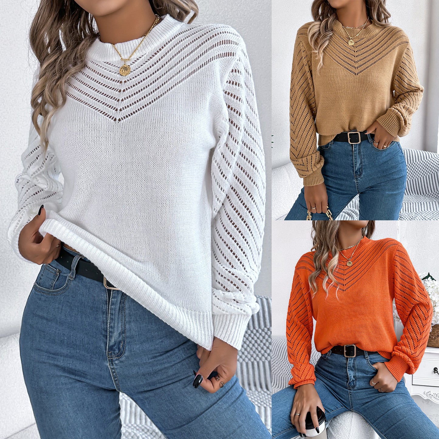Women's Casual Solid Color Round Neck Lantern Sweater