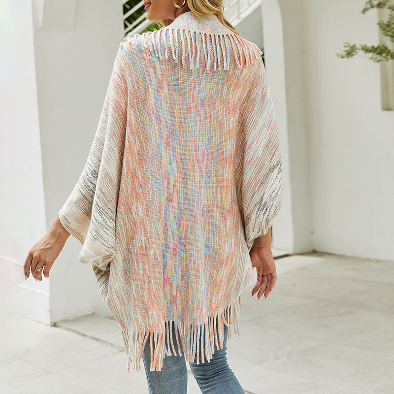 Women's Shawl Cape Tassel Hem Color For Sweaters
