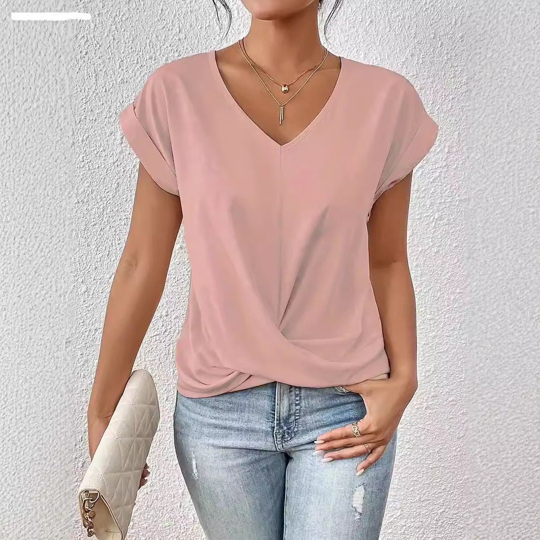 Women's Summer Solid Color Short-sleeved T-shirt Elegant Blouses
