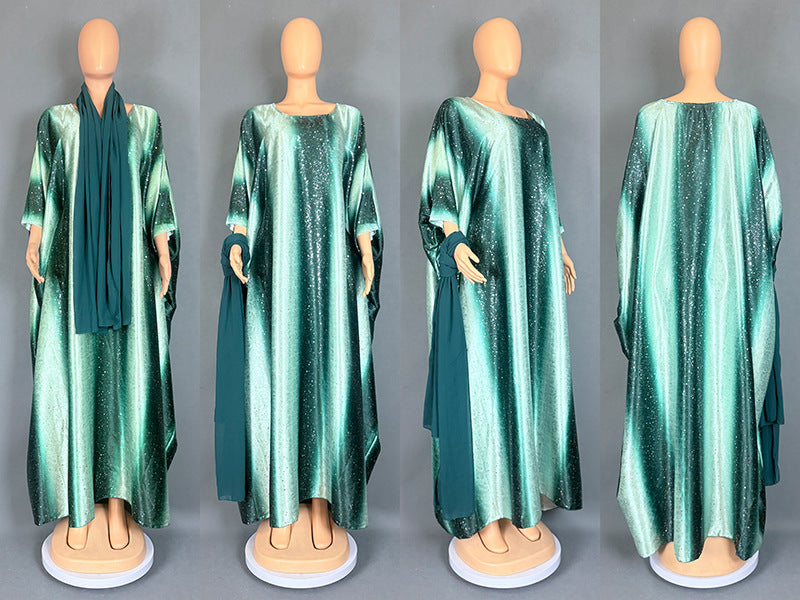 Women's Fashion Printed Satin Muslim Robe Party Dresses