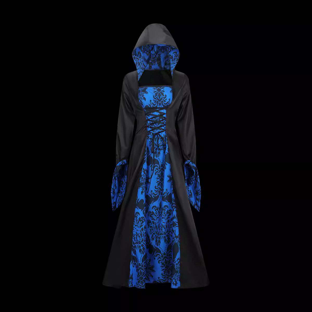 Retro Palace Style Long Sleeve Hooded Wide Hem Printed Dress