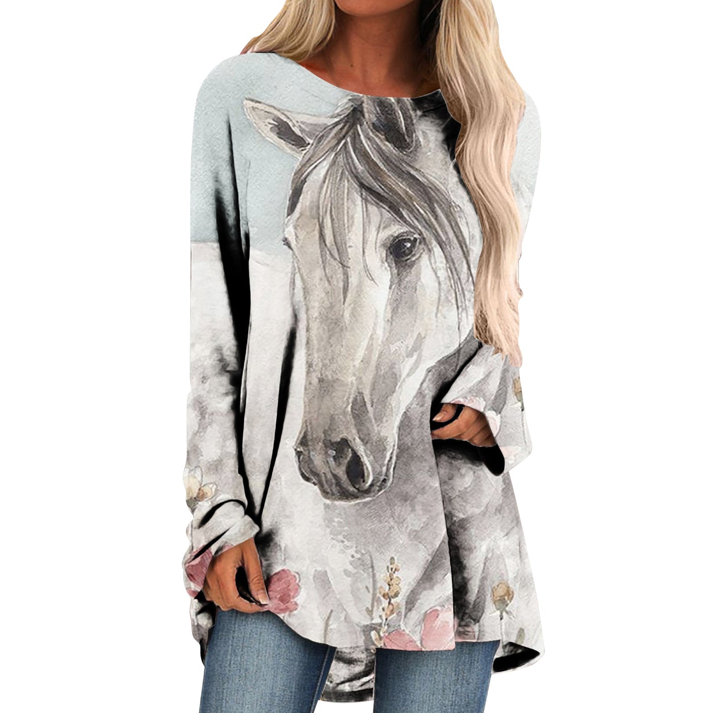 Women's Digital Printing Round Neck Long Sleeve Blouses
