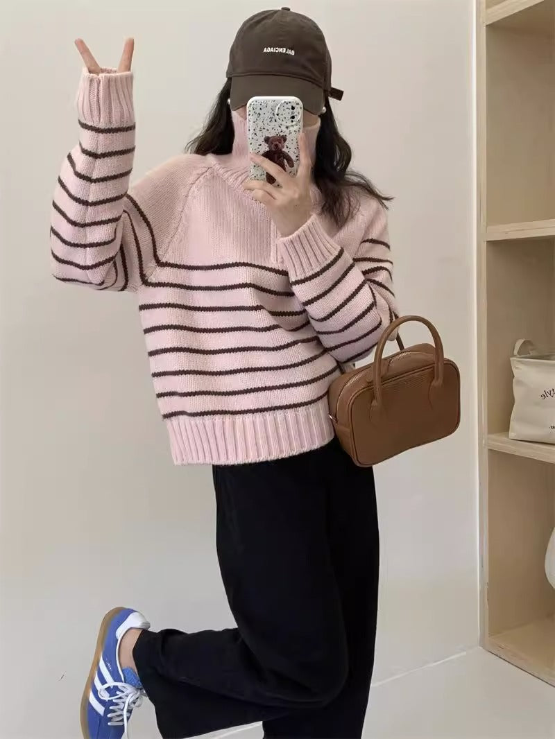 Women's Striped Half Zipper Pullover Korean Loose Lazy Sweater