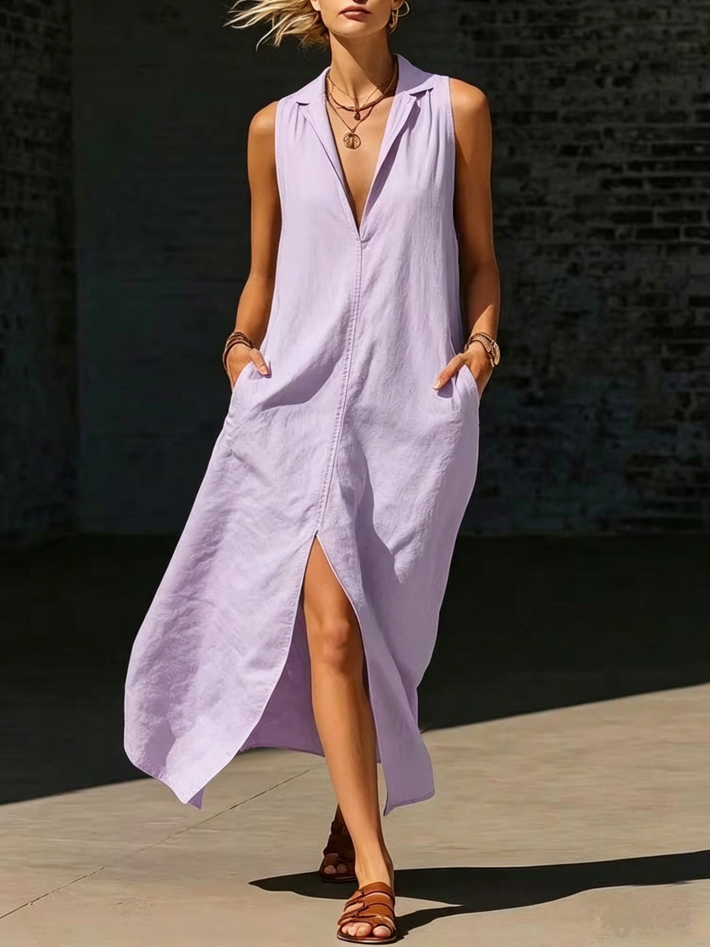 Women's Sleeveless Lapel Slit Pocket Ladies Long Dress