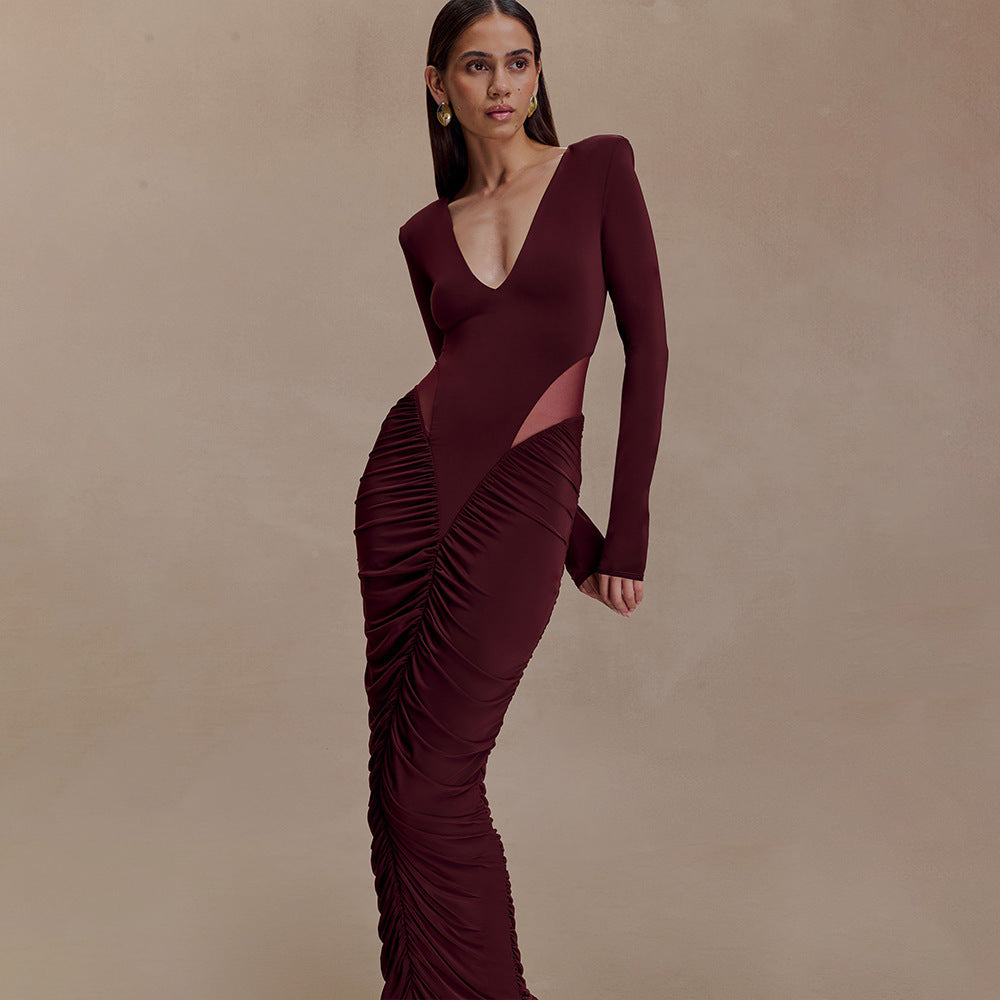 Women's Solid Color Deep V Sexy Midriff Outfit Pleated Waist Tight Dress