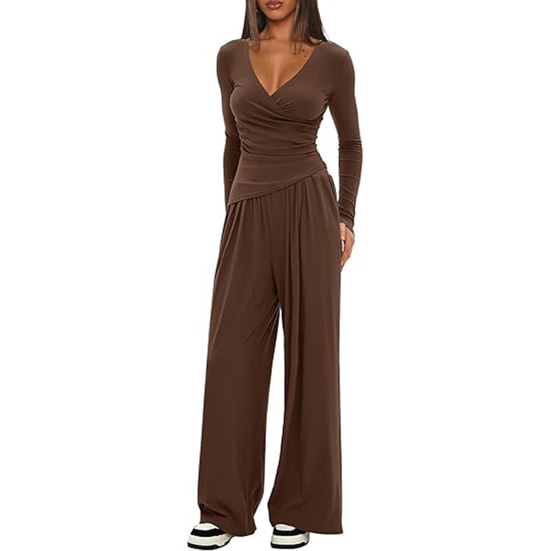 Solid Color Warp Knitted Long-sleeved Matching Fashion Casual Suit