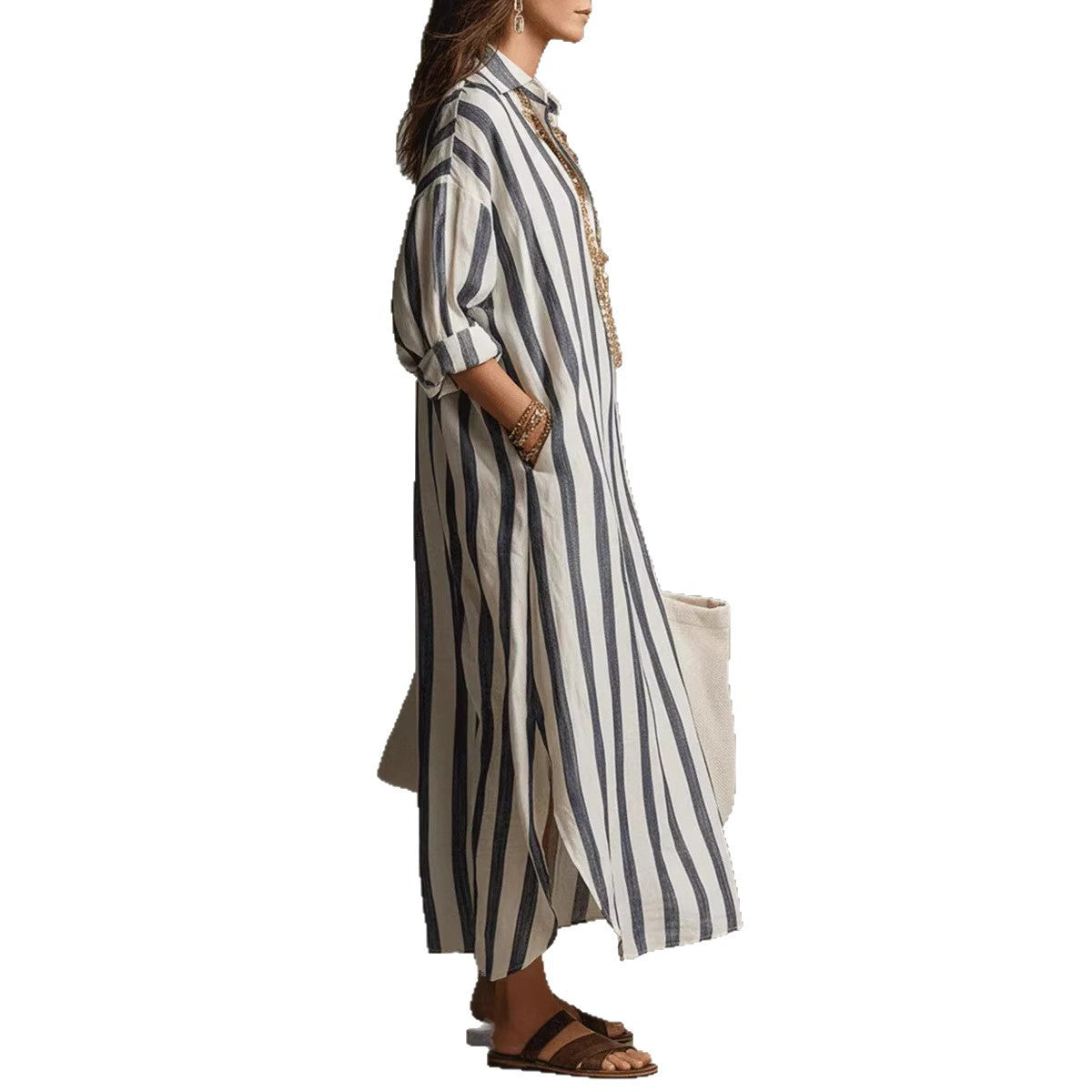 Women's Fashionable Loose Long Striped Summer Ninth Dress