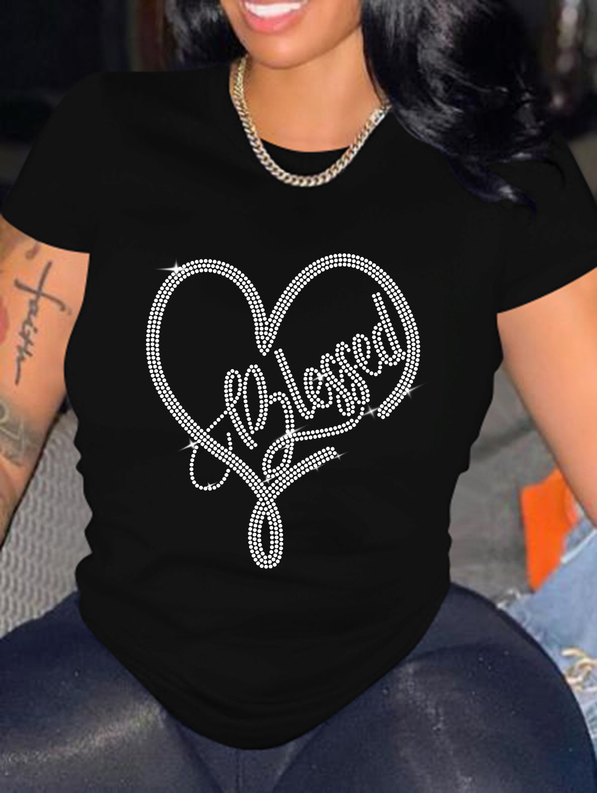 New Attractive Rhinestone Round Neck T-shirt Blouses