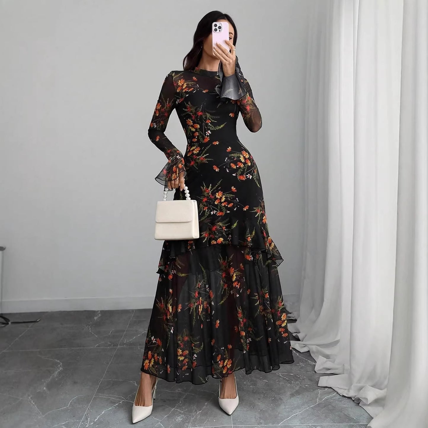 Women's Printed Black Ruffle Sleeve Plant Floral Print Dress