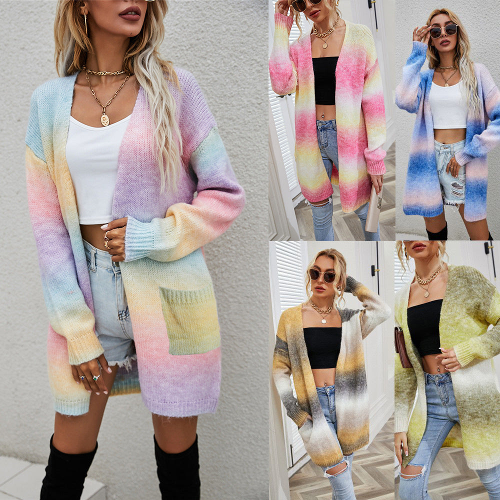 Pretty Women's Winter Rainbow Mid-length Loose Sweater