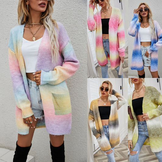 Pretty Women's Winter Rainbow Mid-length Loose Sweater
