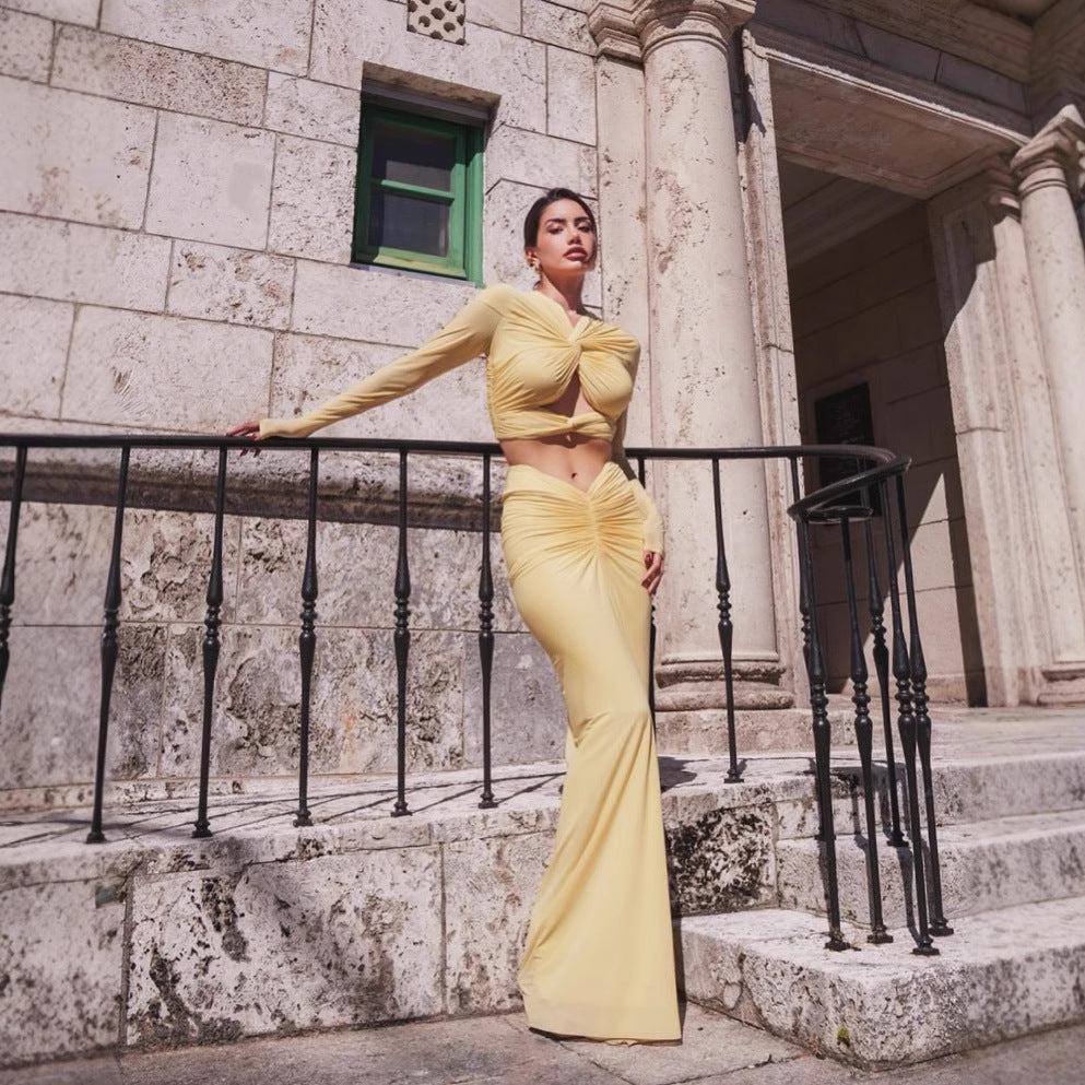 Women's Spring Elegant Sexy Long-sleeved Twisted Navel Suits