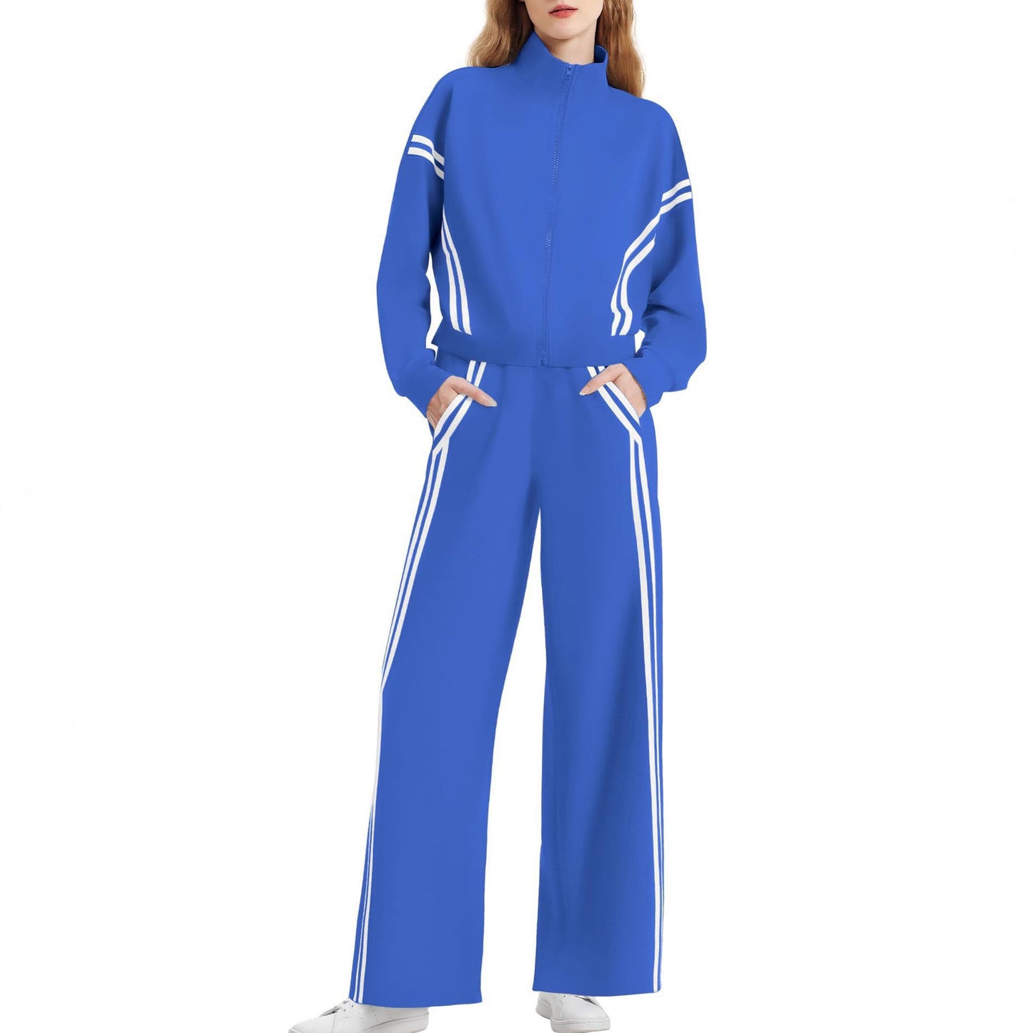 Wear Zipper Sports Contrast Color Striped Wide Leg Jogger Travel Fashion Casual Suit