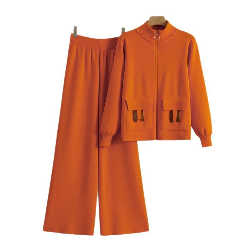 Women's French Zipper Fashion Knitted Wide Leg Suits
