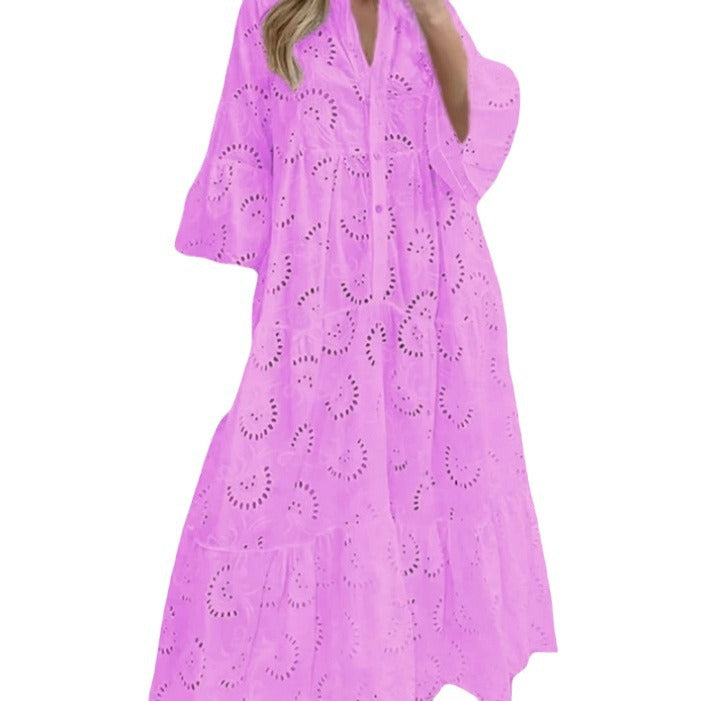 Women's Elegant Puff Sleeve Solid Color Hollow Loose Dresses