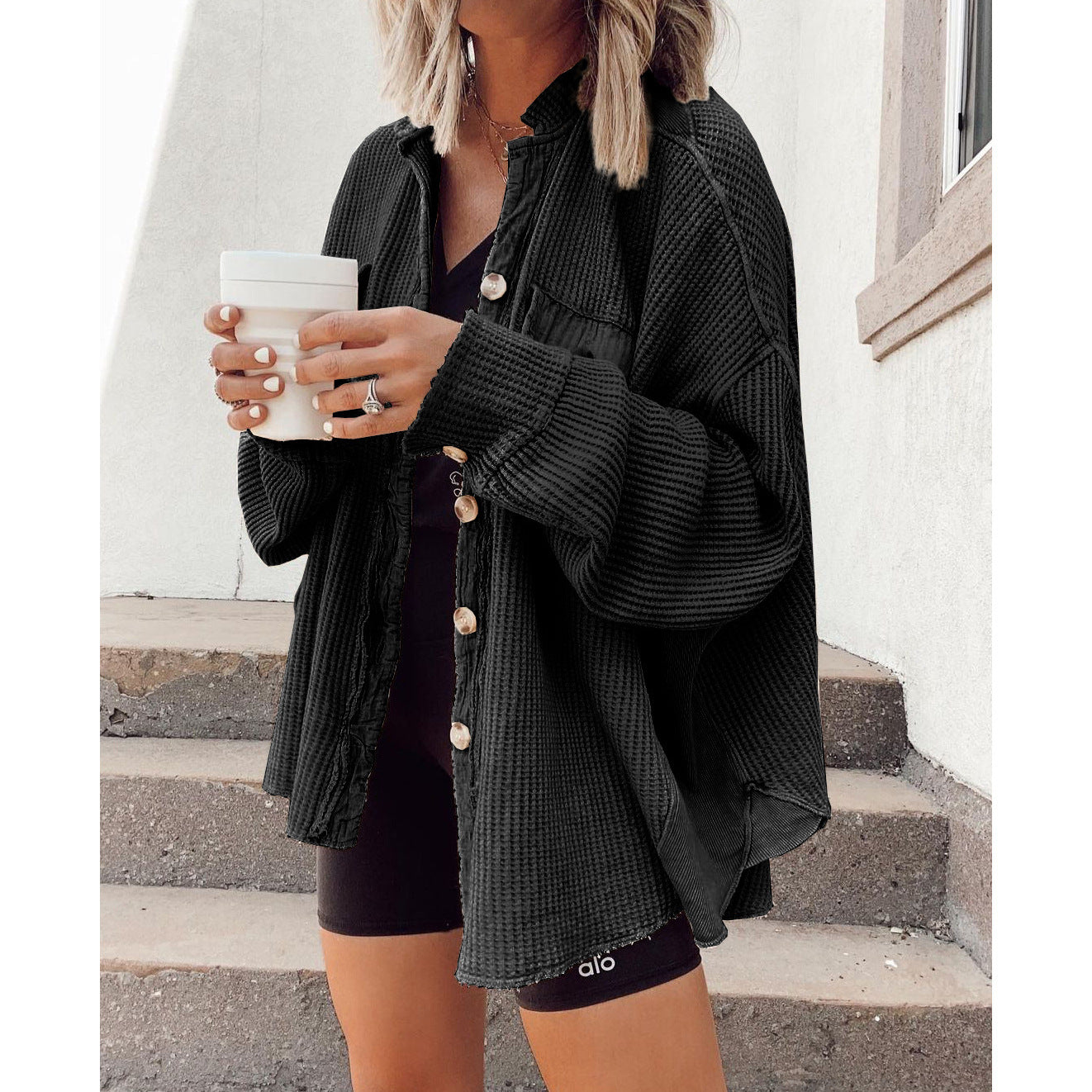 Loose Waffle Casual Shirt Stitching Fashion Blouses
