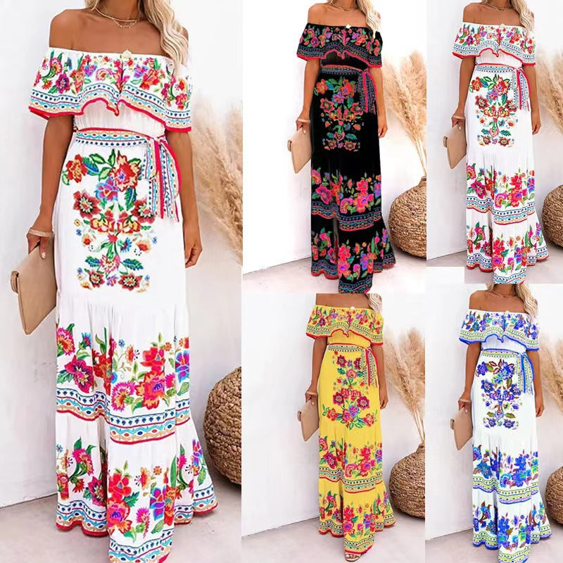 Women's Printed Wear Holiday Ethnic Red Flower Dress